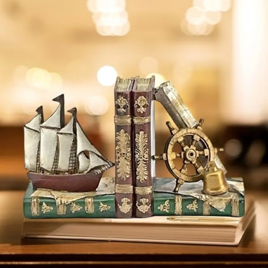 

24247 Pirate Ship Bookends Captain Sailboat Crew Sailor Nautical Coastal Home Decor Art Statues Book Ends Shelves Stoppers Hold