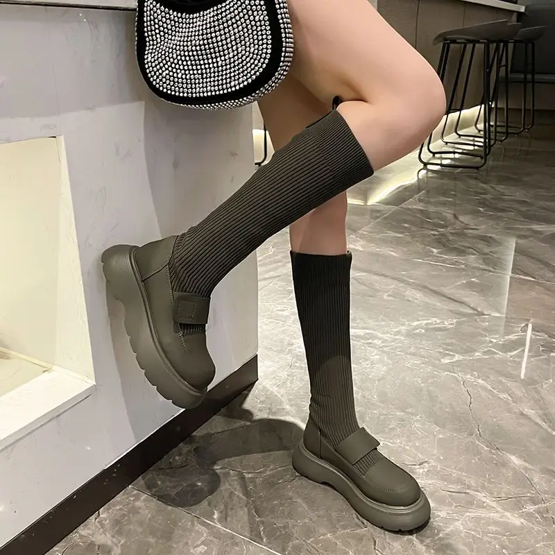 Shoes for Woman Lolita Footwear Black Winter Knee High Shaft Women\'s Boots Mary Janes Sock Long Pu Boot Spring Autumn Trend 2024