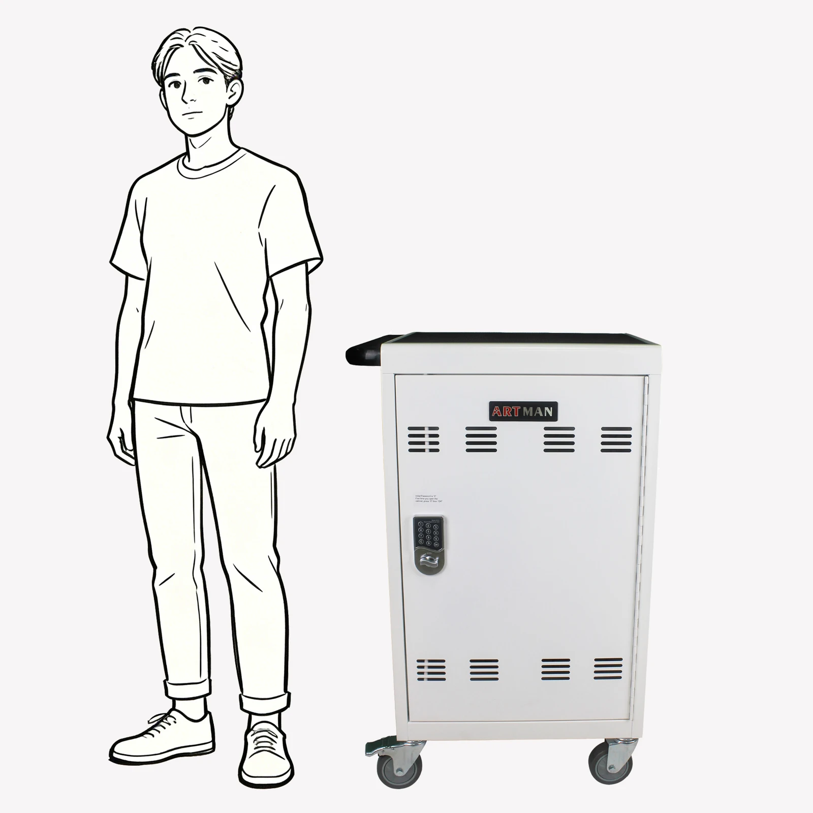 학교, 사무실용 모바일 충전 트롤리 및 충전 캐비닛(태블릿 및 노트북 30대용) 콤비네이션 자물쇠 포함, 화이트