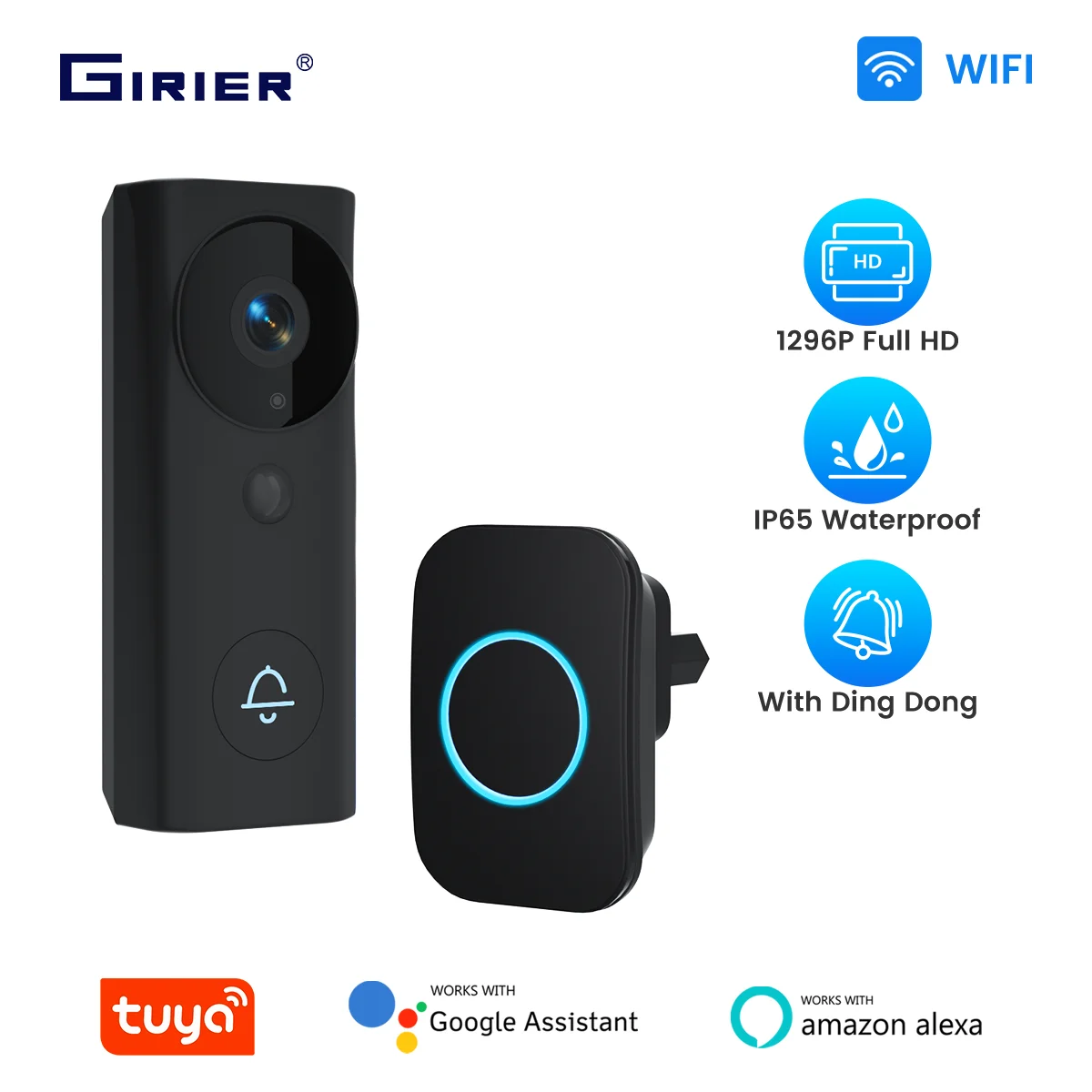 

GIRIER Tuya умный видео дверной звонок Wi-Fi дверной звонок камера 3MP для домашней безопасности поддерживает двустороннее аудио ночное видение обнаружение движения