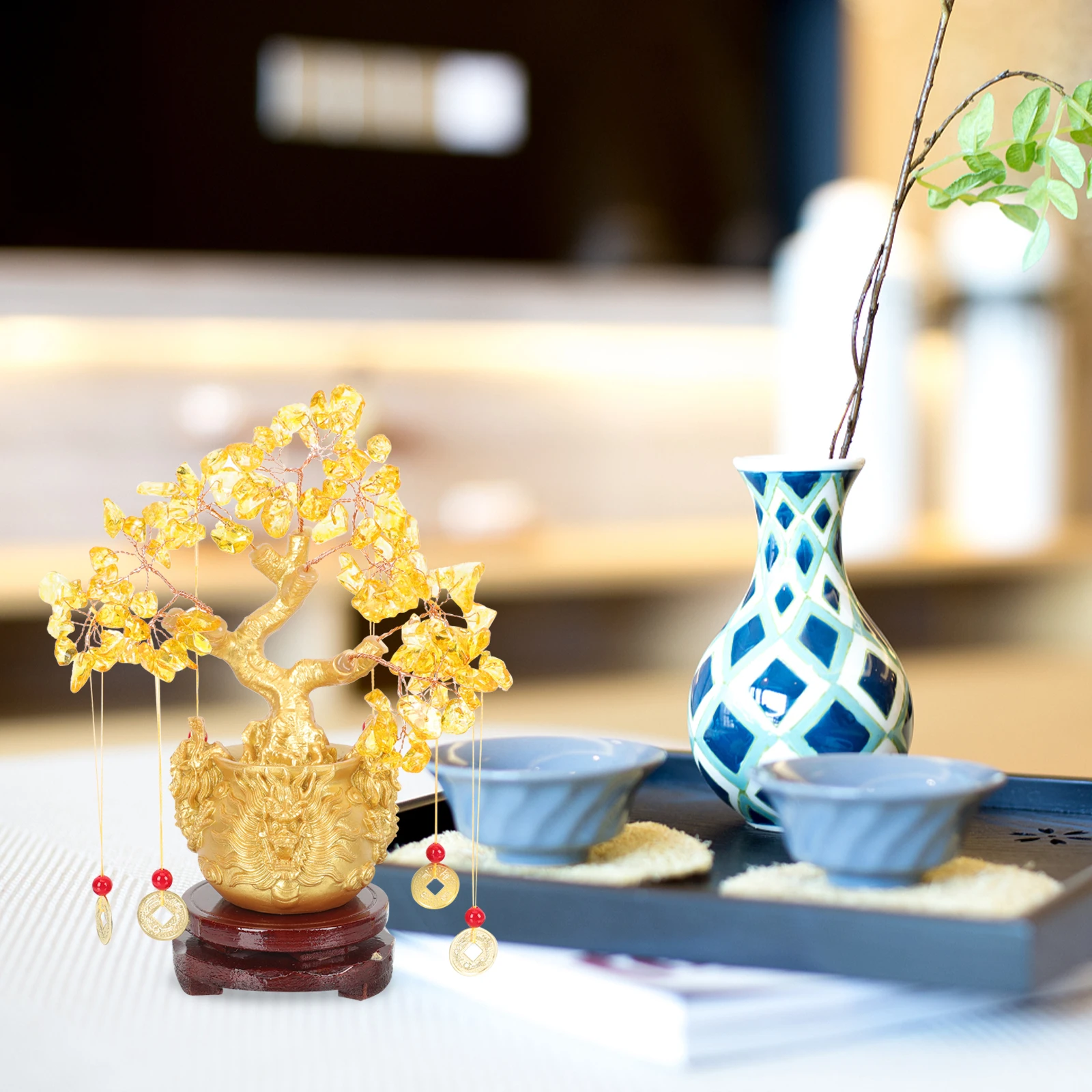 

Crystal Money Ornaments Three Dragon Tree Decorations Household Creative Plastic Bonsai Office Desk Fortune Tree Adornment