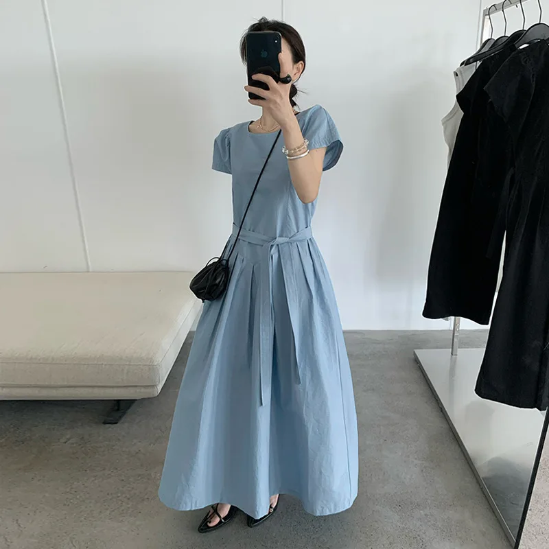 

Korean version front and back double breasted flying sleeve dress women's 2025 summer new lace up long dress