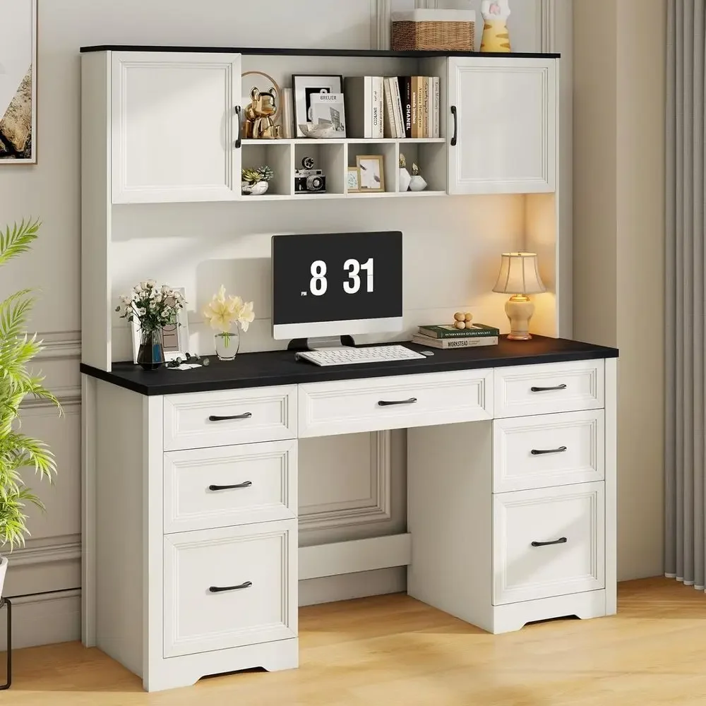 

Rustic Large Writing Desk with 7 Drawers and Storage Cabinet, Black Home Office Workstation