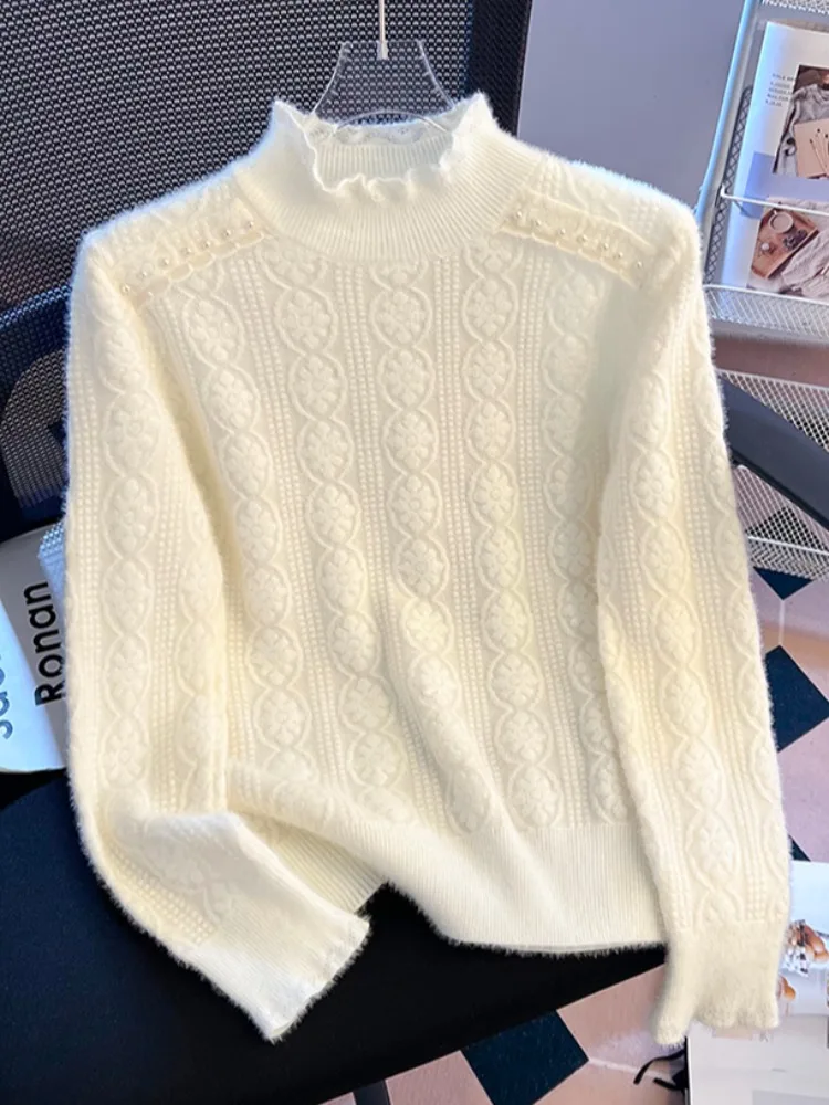 

Женский вязаный свитер с высоким воротником, трикотаж с вышивкой, мягкая уютная внутренняя одежда, осень-зима, модный цвет