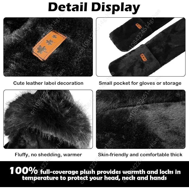 وشاح بغطاء للرأس للنساء للشتاء - قفازات وشاح من الفرو الصناعي 3 في 1 مجموعة ناعمة وسميكة ودافئة