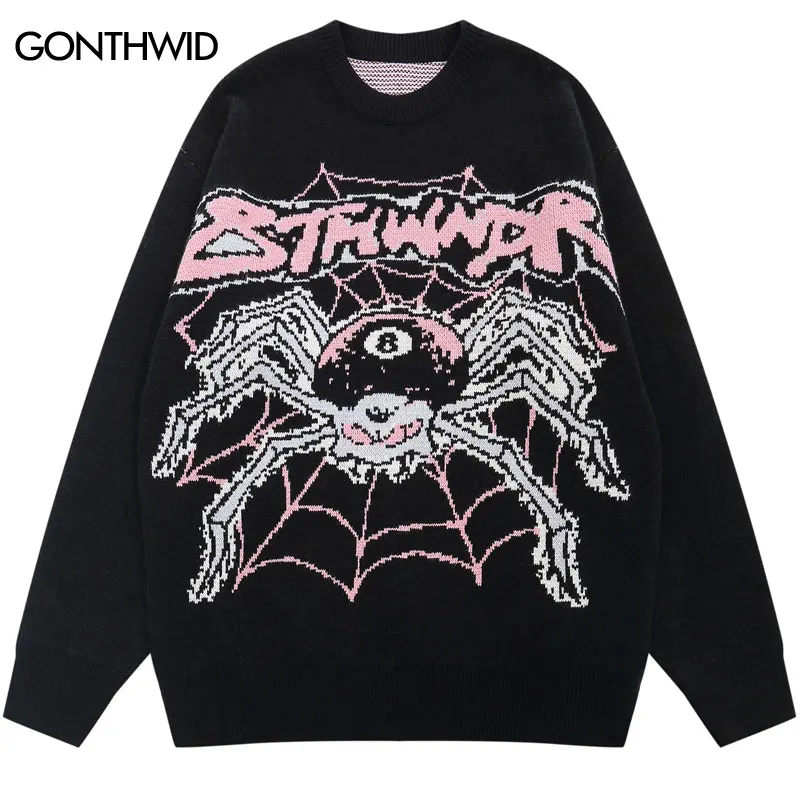 Men Knitted Sweater Y2K Streetwear Hip Hop Spider Pullover Jumpers Sweaters 2023 Autumn Harajuku Fashion Casual Punk Gothic Male