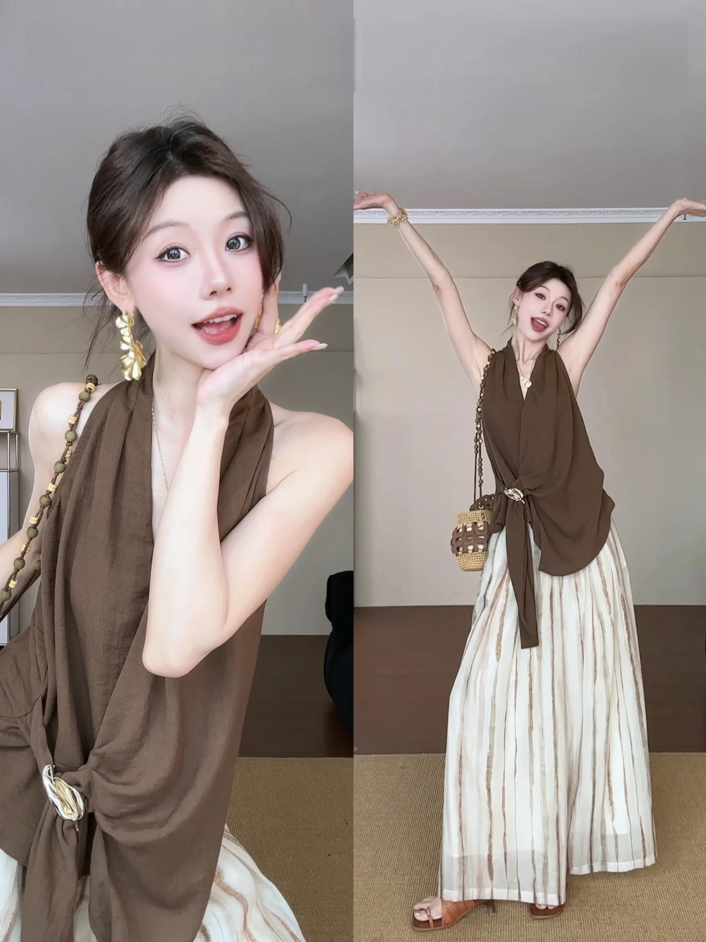 

Casual Linen Two-Piece Set Women's Summer Lazy Style Vest Top Wide Leg Pants Fashion Ensemble Breathable Comfortable V-Neck