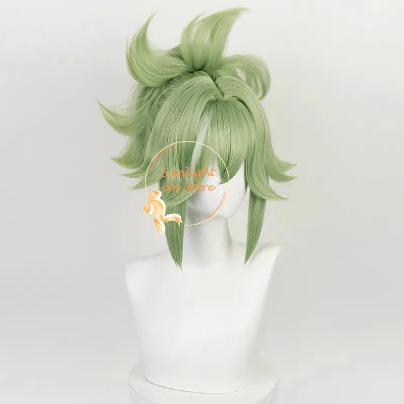Peluca de Cosplay CyGame Kuki Shinobu, 33cm, cola de caballo corta verde claro, pelucas de Cosplay de Anime, pelo resistente al calor, pelucas para fiesta de Halloween