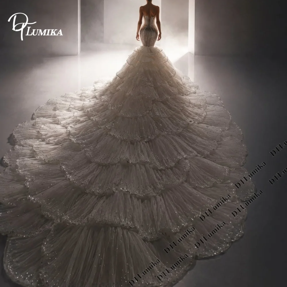 Vertical Rhinestone Mermaid Wedding Dress Petal Layer Glitter Tulle Bridal Gown Made-to-Order Extra Long Train Bride Dress