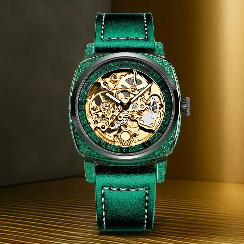 A men's green belt stylish nostalgic carved pinion cassette automatic mechanical watch