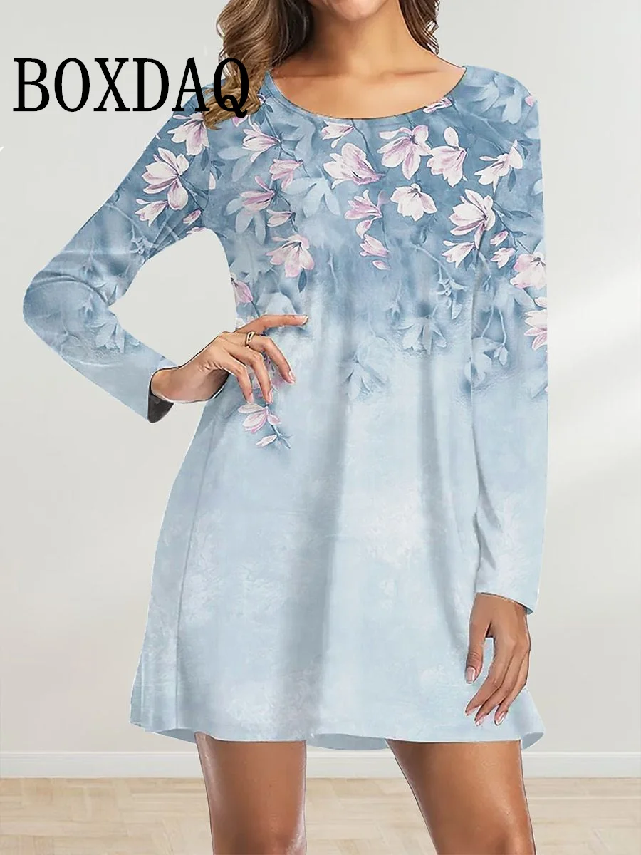 Moda damska Casual Flowers Printed Dress Autumn Winter Long Sleeve Clothing Ladies Loose A-Line Mini Dress For Women Oversized