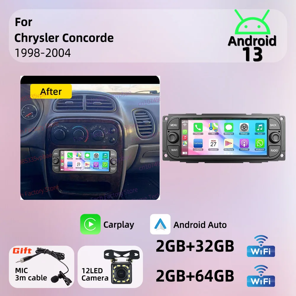 Sistema Multimedia para Automóvil para Chrysler Concorde 1998-2004, Android 13, Pantalla Inalámbrica de 6.86 Pulgadas, Autoradio, Radio 1 Din, Unidad Principal GPS, Estéreo