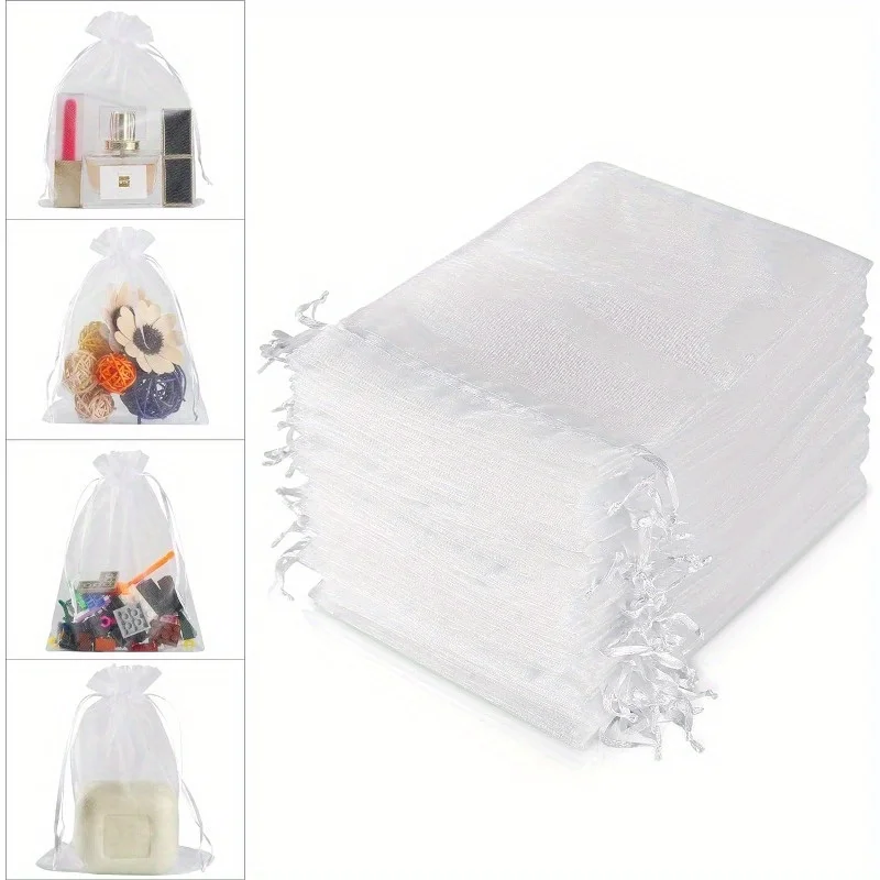 100PCS Organza Bags Random Mesh Organza Jewelry Bags Drawstring, Small Drawstring Favor Pouches Christmas Candy Wedding Birthday