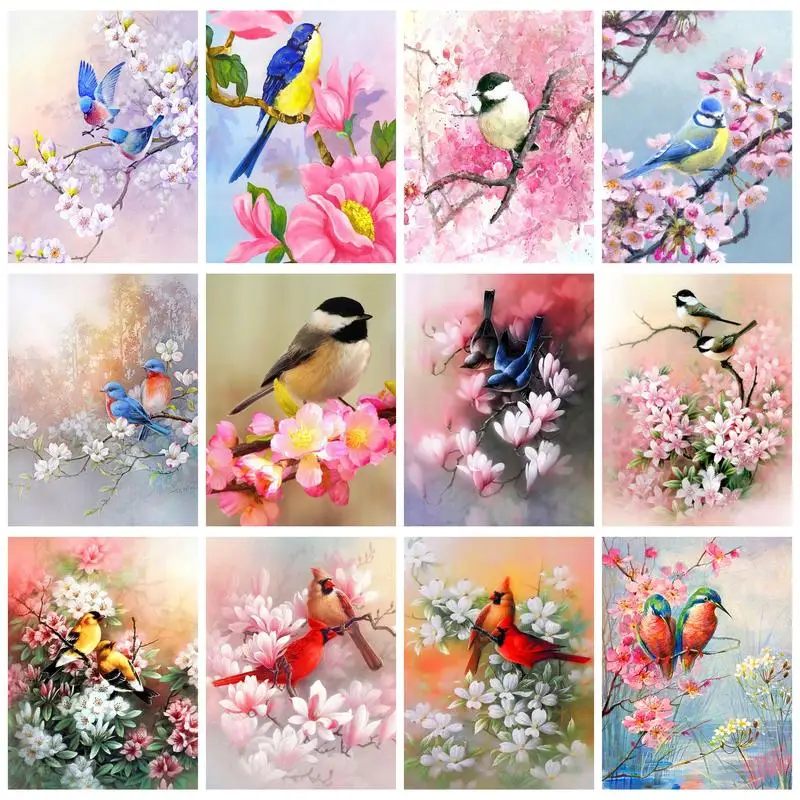 

PhotoCustom Diy Flower Painting By Numbers For Adults Kits With Frame Handmade Birdie Animal Coloring Paint By Number Decoration