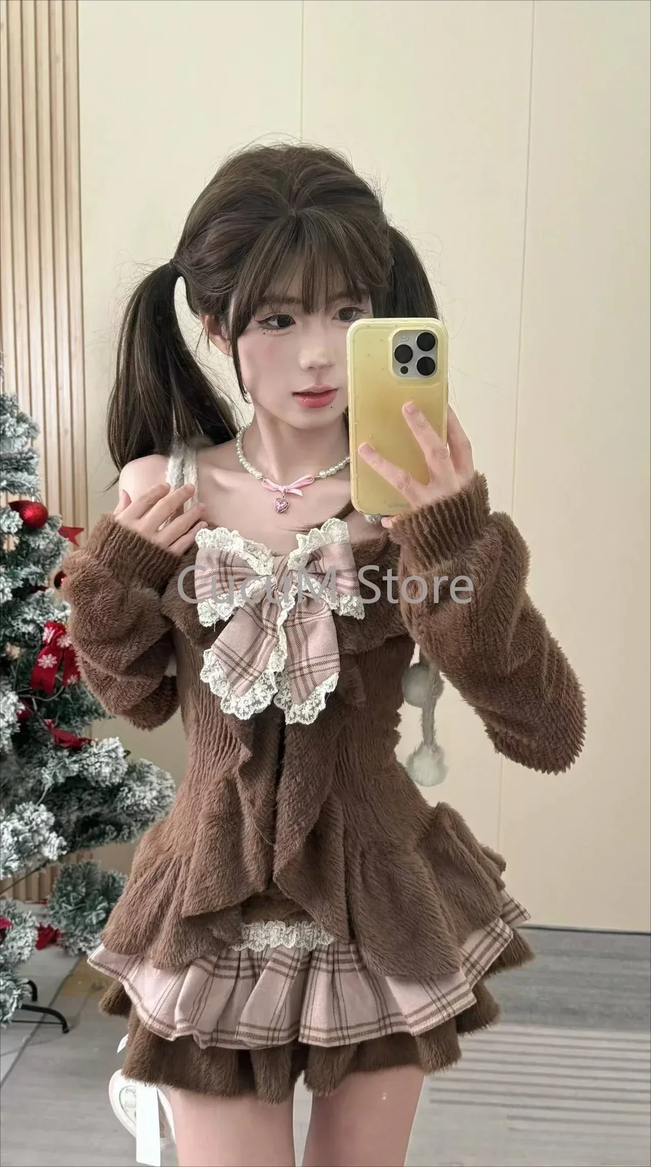 Japanese Sweet Lolita 2 Piece Sets Women Retro Off Shoulder Bow Blouse Tops Plaid Cake Mini Skirt Girls Kawaii Y2k Slim Outfits