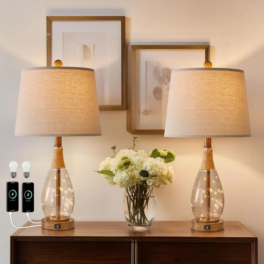 

Table Lamp Sets of 2,Lamps for Living Room,Bedside Lamps with USB AC and Nightlight,Retro Farmhouse Rattan Glass,for Bedroom Li