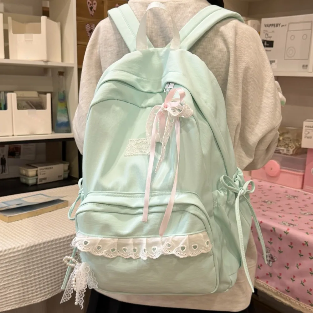 Stylish Large Capacity Student Schoolbag Bowknot Design Soft Nylon Preppy Knapsack Lightweight Lace Bow Backpack For Women Girls
