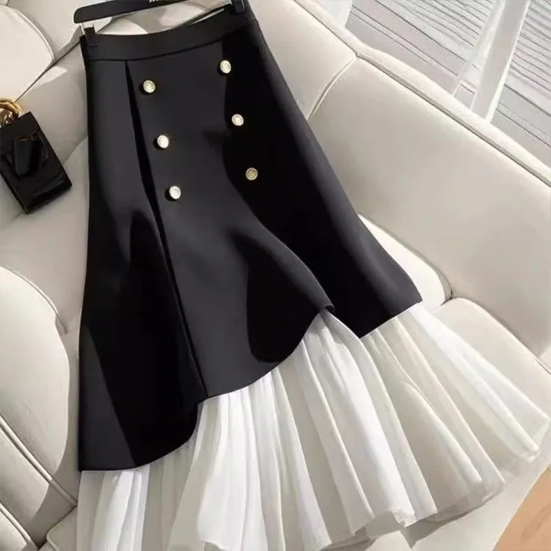 

New Elegant Long Black Skirt For Women High Waist Front Button Pleated Mesh Bottom Slim Summer Trumpet Skirt Jupe Longue