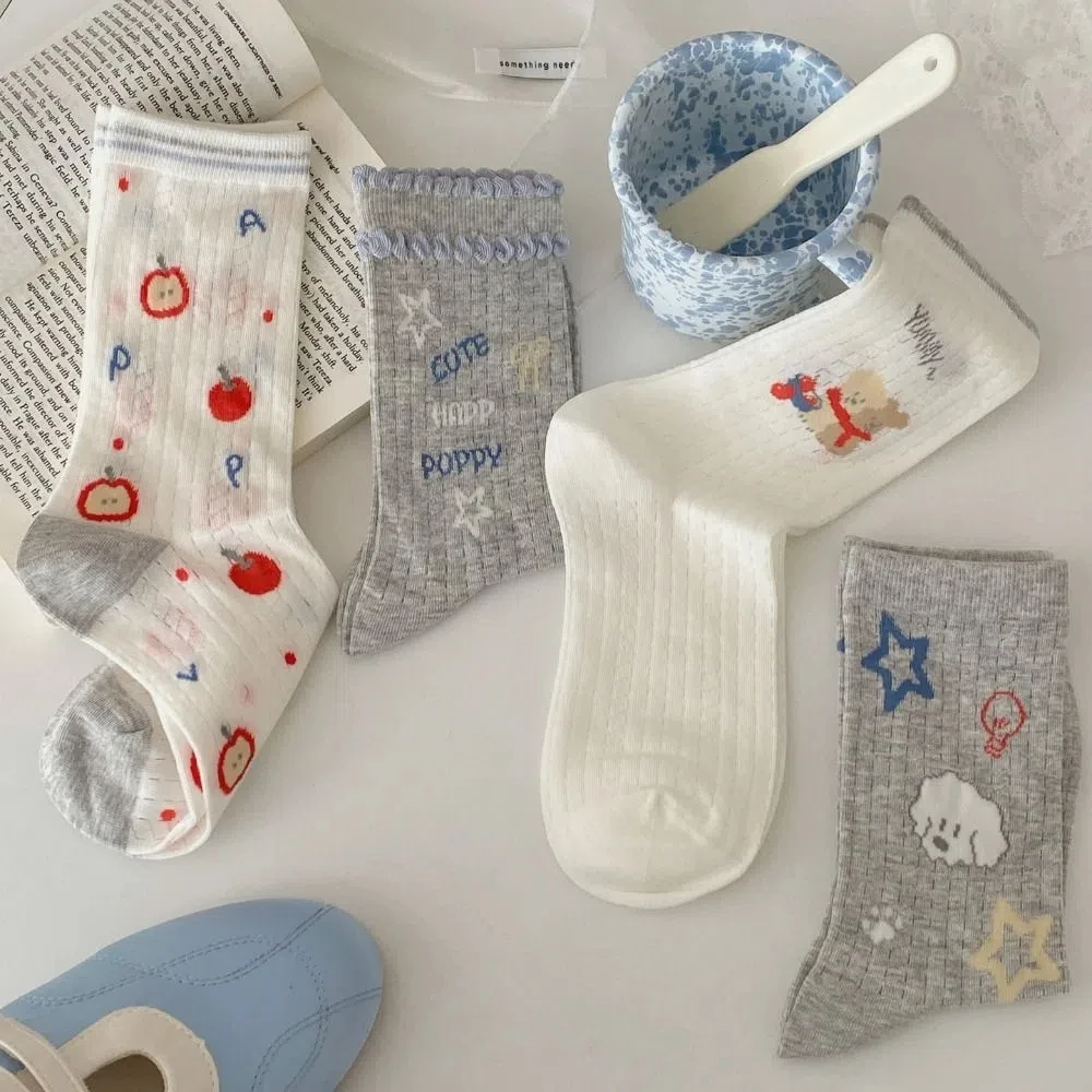 

2Pairs Comfortable Cute Cartoon Cotton Socks Dog Stars Mid-calf Socks Women Breathable Thin Summer Tube Socks Summer