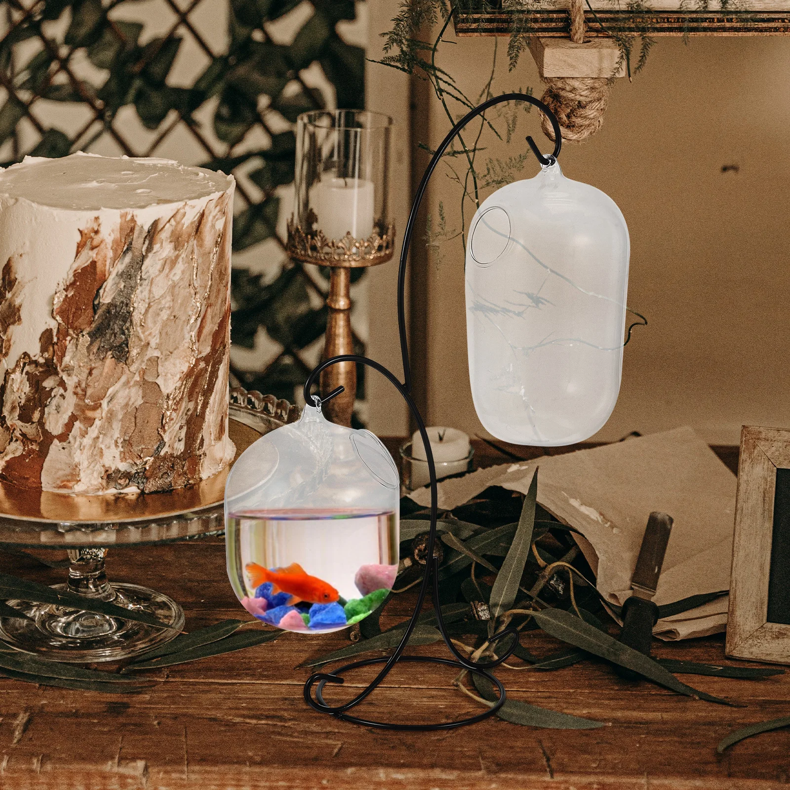 

1Set Delicate Desktop Fish Tank Hanging Glass Aquarium Fish Bowl Multi-Function Flower Plant Vase Rack Tank