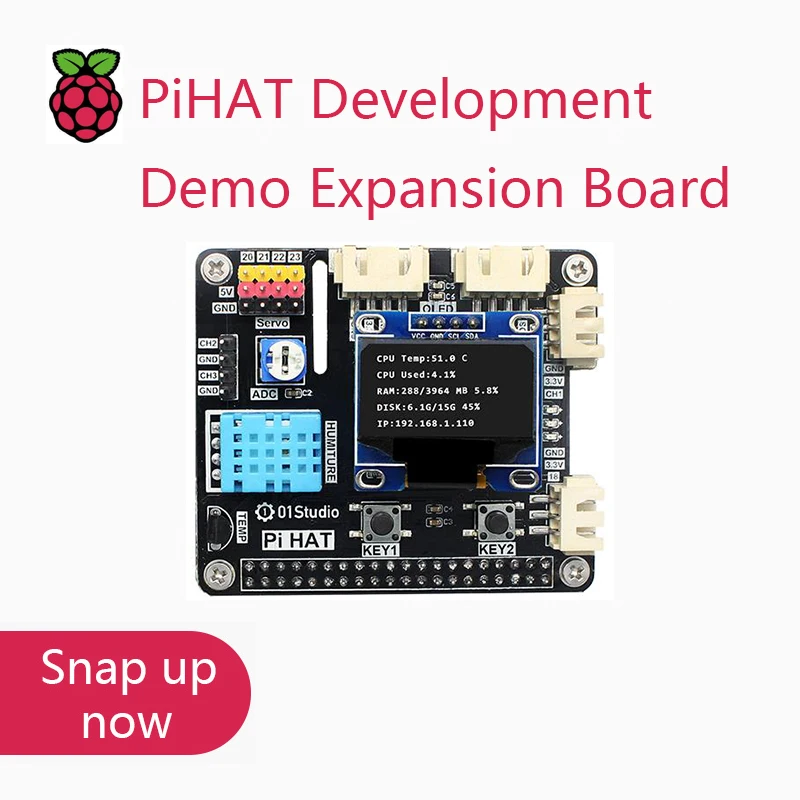 01Studio PiHAT Raspberry Pi 4 3B+ 4B Development Demo Expansion Board Module Python Programming 2G 4G 8G