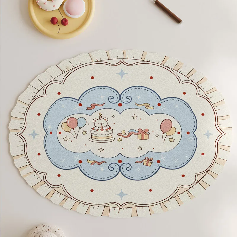 VIKAMA birthday bear cake balloon quick dry kitchen mat lace border retro cute stove top countertop absorbent non slip pad Rug