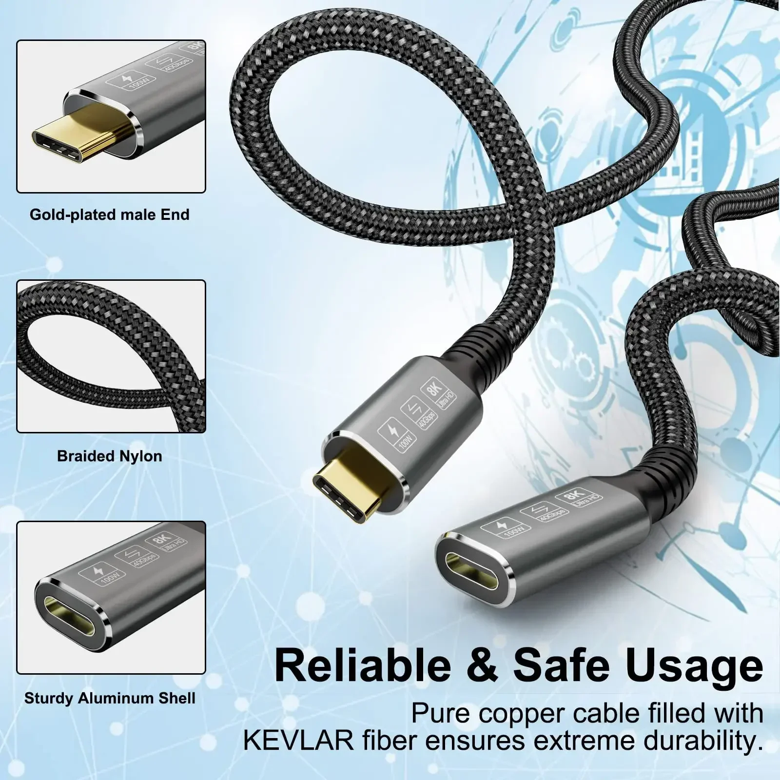 USB4 8K Cable Thunderbolt 4 Compatible USB 4 Type-c Male to Female Extension Cable  Compatible with External SSD eGPU