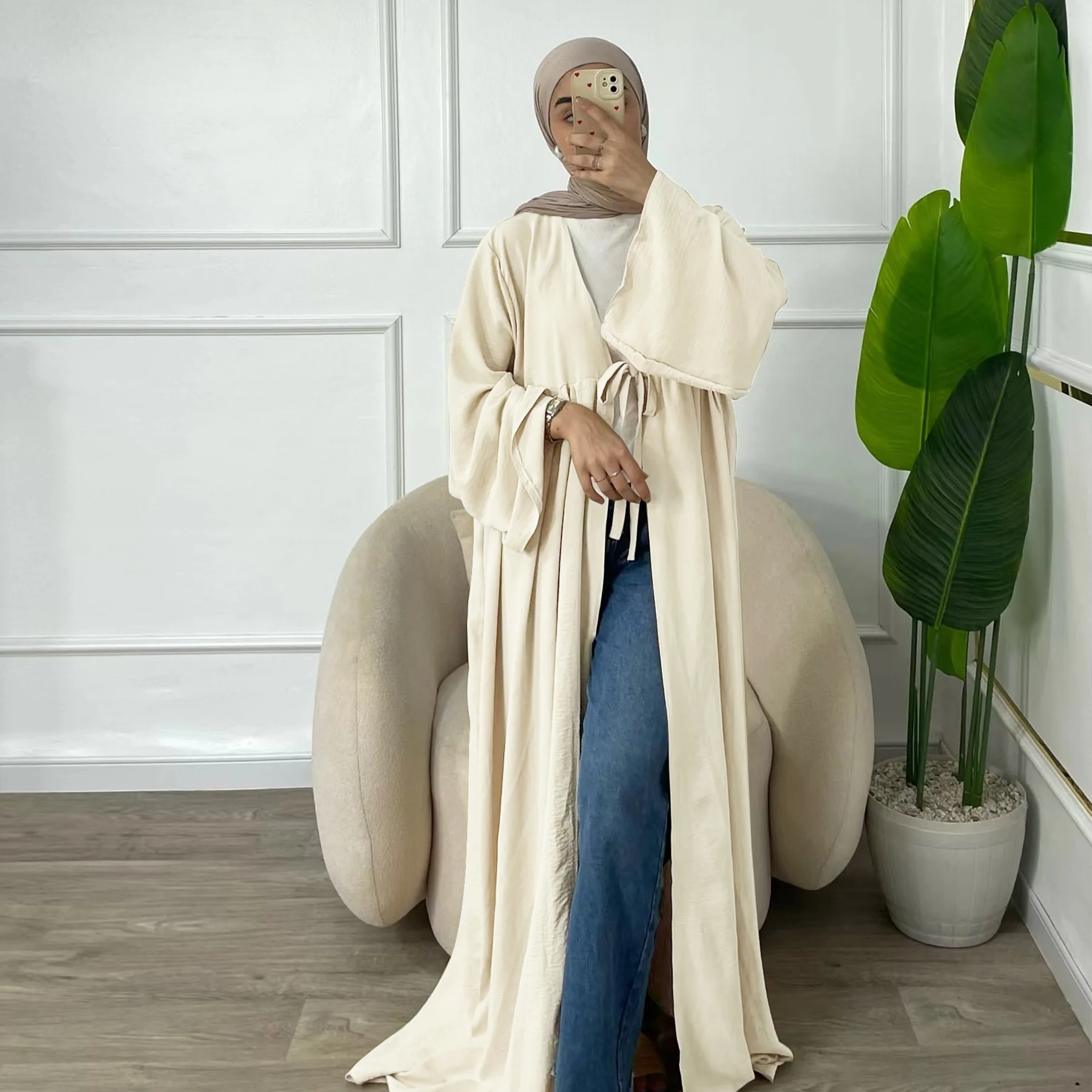 Casual Muslim Fashion Abaya Party Lace-Up Cardigan Robe Turkey  Autumn Woven Loose Fit Solid Pattern Dubai Dress