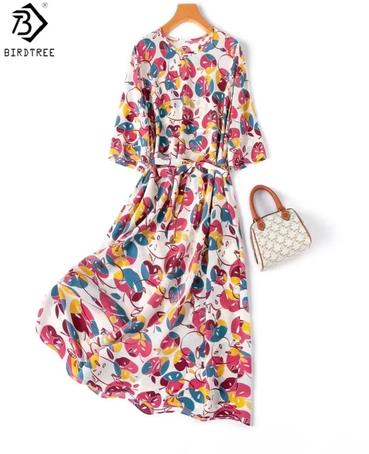 

BirdTree 93% Mulberry Silk 7% Spandex Apple Print Dress,Woman Double Crepe Half Sleeve O-neck Dress,Vacation Style D56625JF