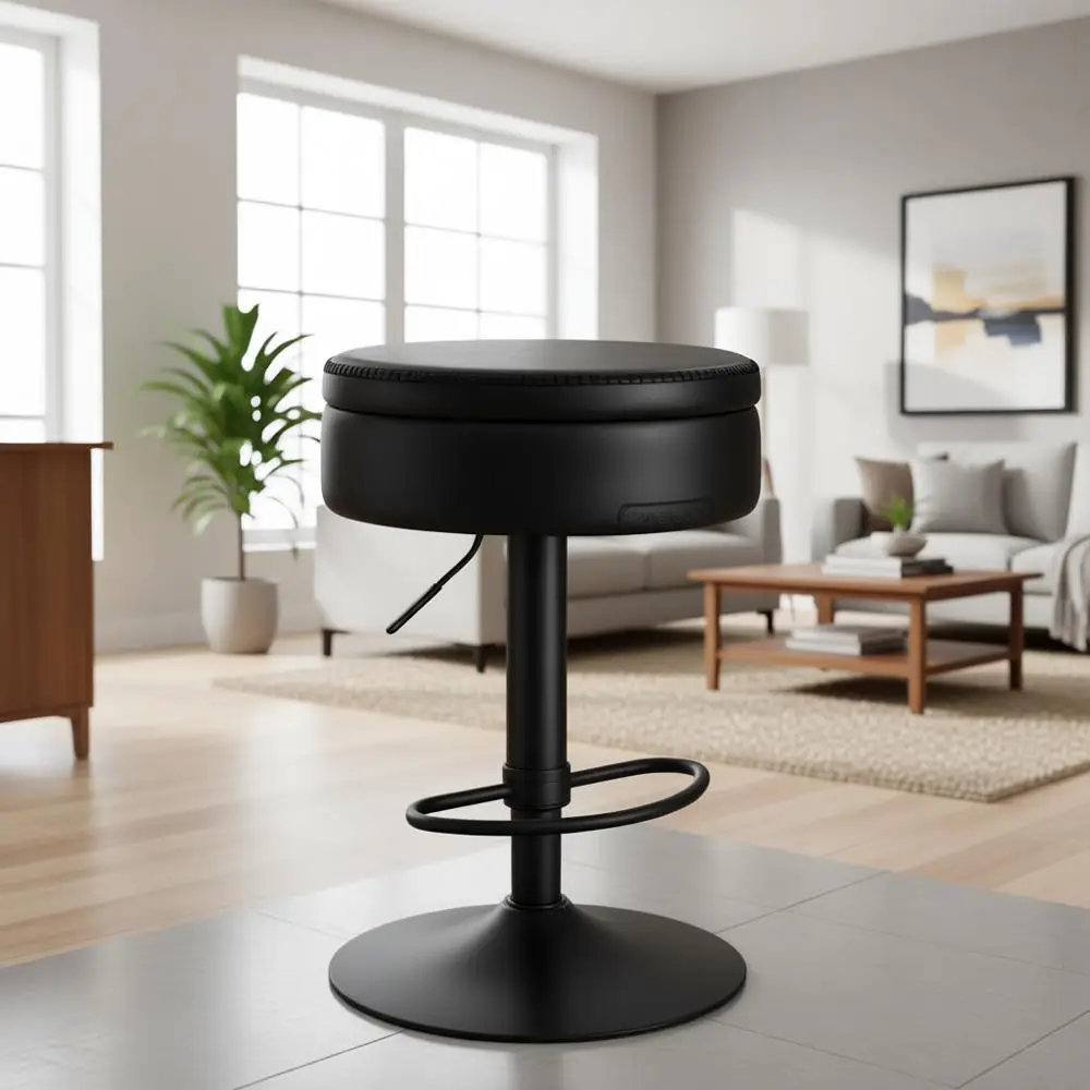 

360° Swivel Adjustable Height Bar Stool with Storage, Synthetic Leather, Modern Kitchen Bar, Easy Assembly, Ink Black