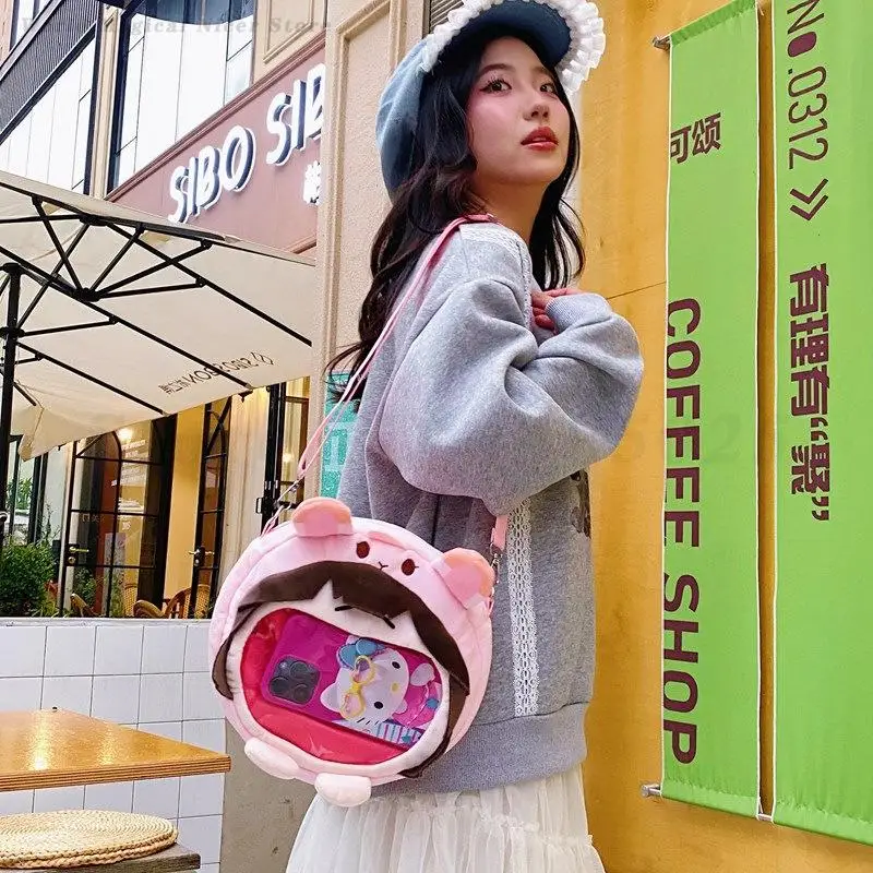 Girls Cute Cartoon Doll Backpack One Shoulder Crossbody Bag Transparent Big Mouth Bags Daily Plush Gift Kawaii Cosplay Backpack