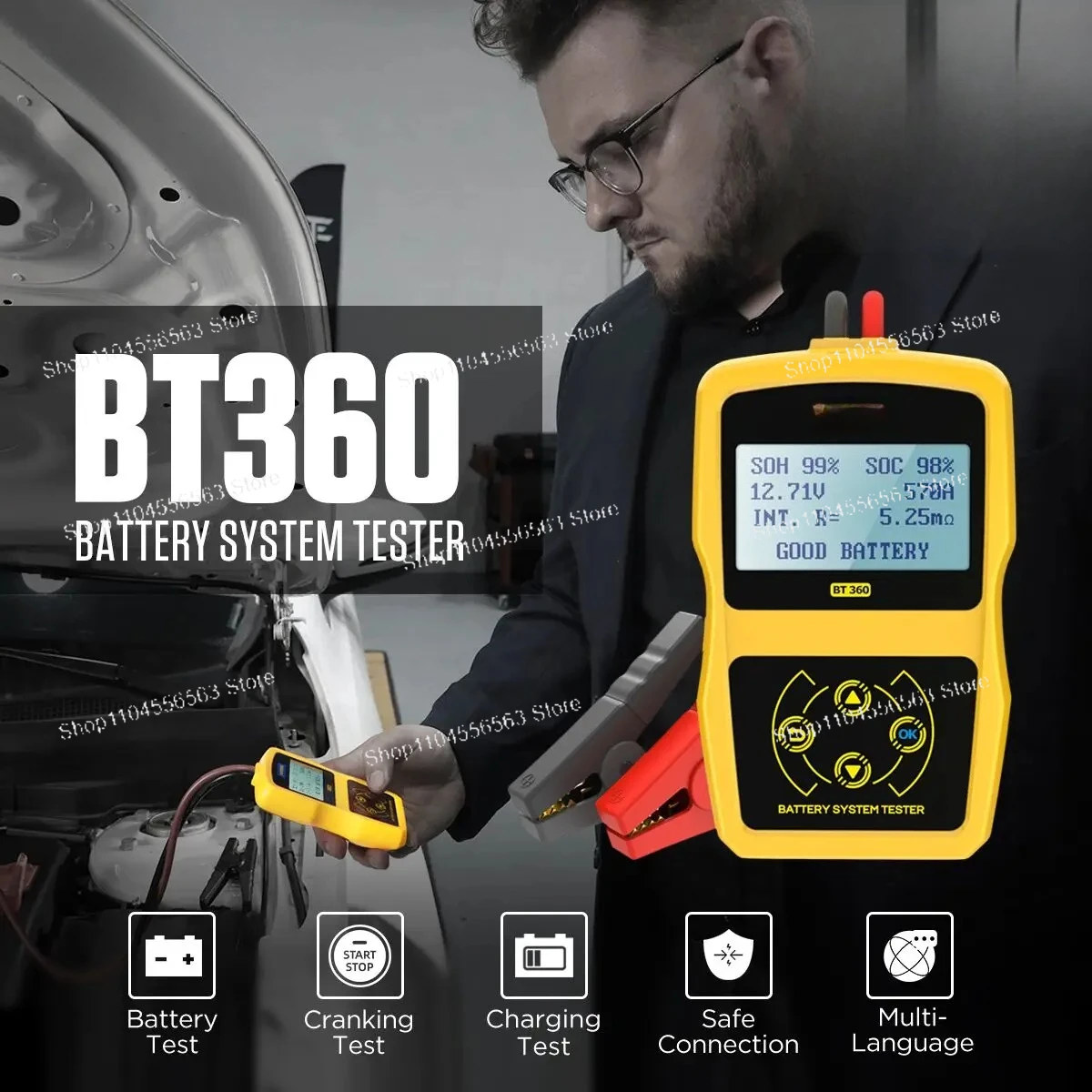 BT360 12V Car Battery Tester Digital Automotive Diagnostic Battery Tester Analyzer Vehicle Cranking Charging Scanner Tool
