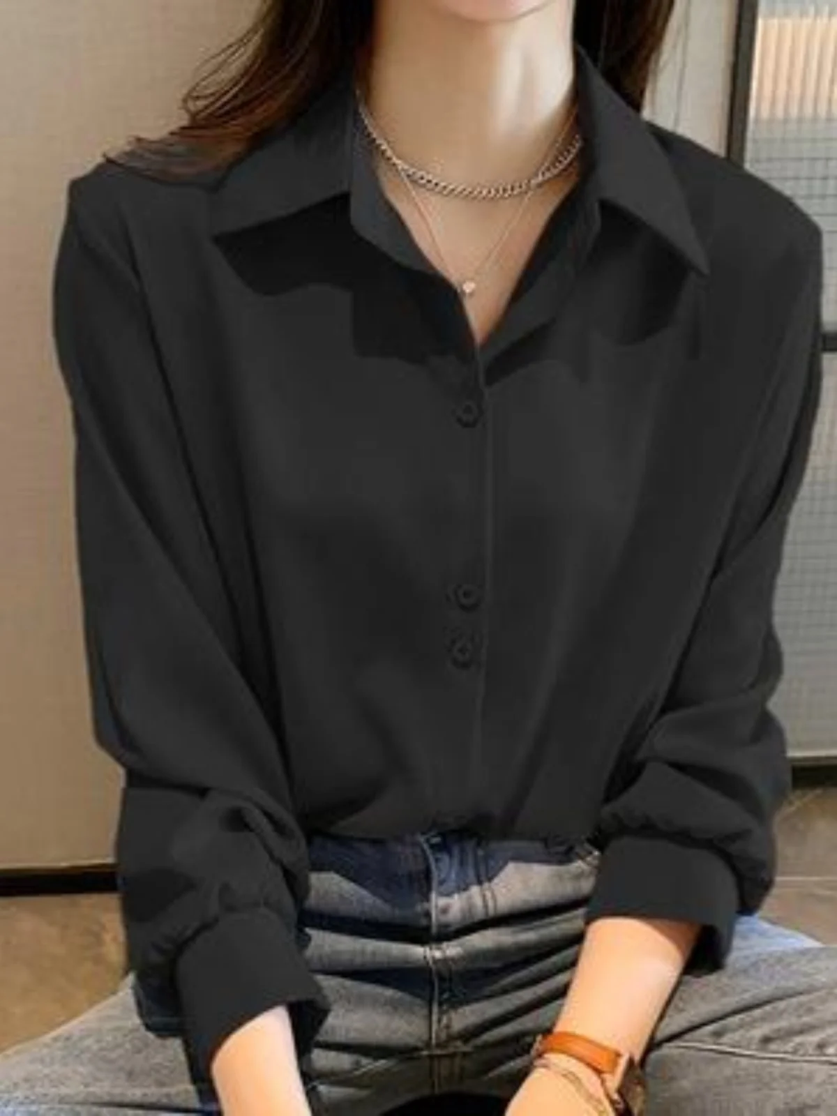 

Slim Fit Long Sve Pure Color irt for Women Street Sle Regular Thin Long irt Collar Chinese Origin Winter Collec...