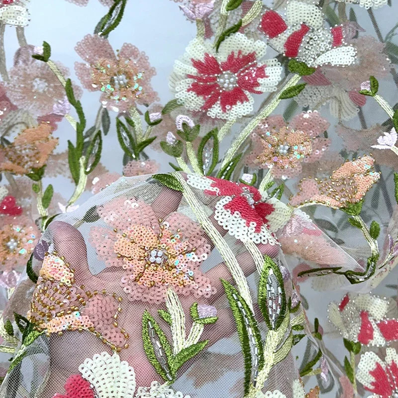 1ヤードの花ビーズ刺繍レース生地チュール素材、ウェディングドレス、パフォーマンスコスチューム、diy縫製、靴の装飾用