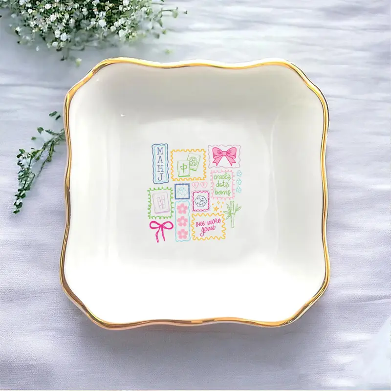 Mahjong Player Patterns Mahjong Club Game Lover Jewelry Dish Rings Plate Storage for Women Graduation Gifts for Grils