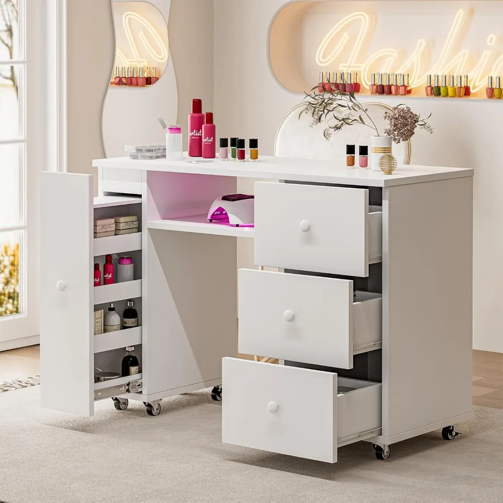 

Manicure Table,Station w/3 Drawers & 1 Vertical Storage Cabinet, Salon Nail Supplies Workstation Resistant w/Lockable Wheels