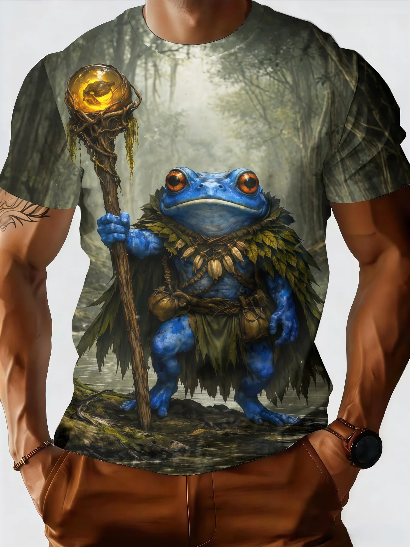 Men's 3D Wizard Blue Frog Magic Staff Forest Print T-Shirt Crew Neck Short Sleeve Fantasy Animal Casual Tee Top