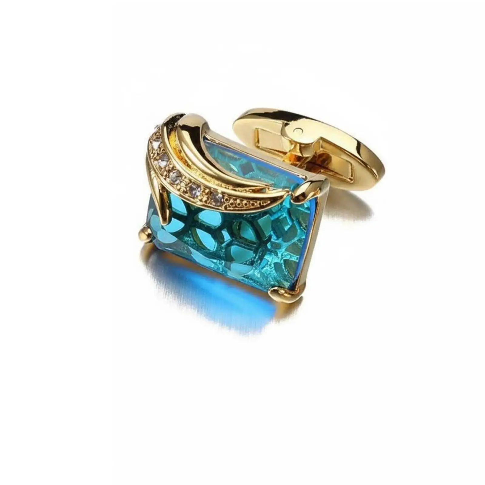 French Style Men Cufflinks with Blue Crystal Pave Secure Closure for Groomsman Corporate Gala Shirt
