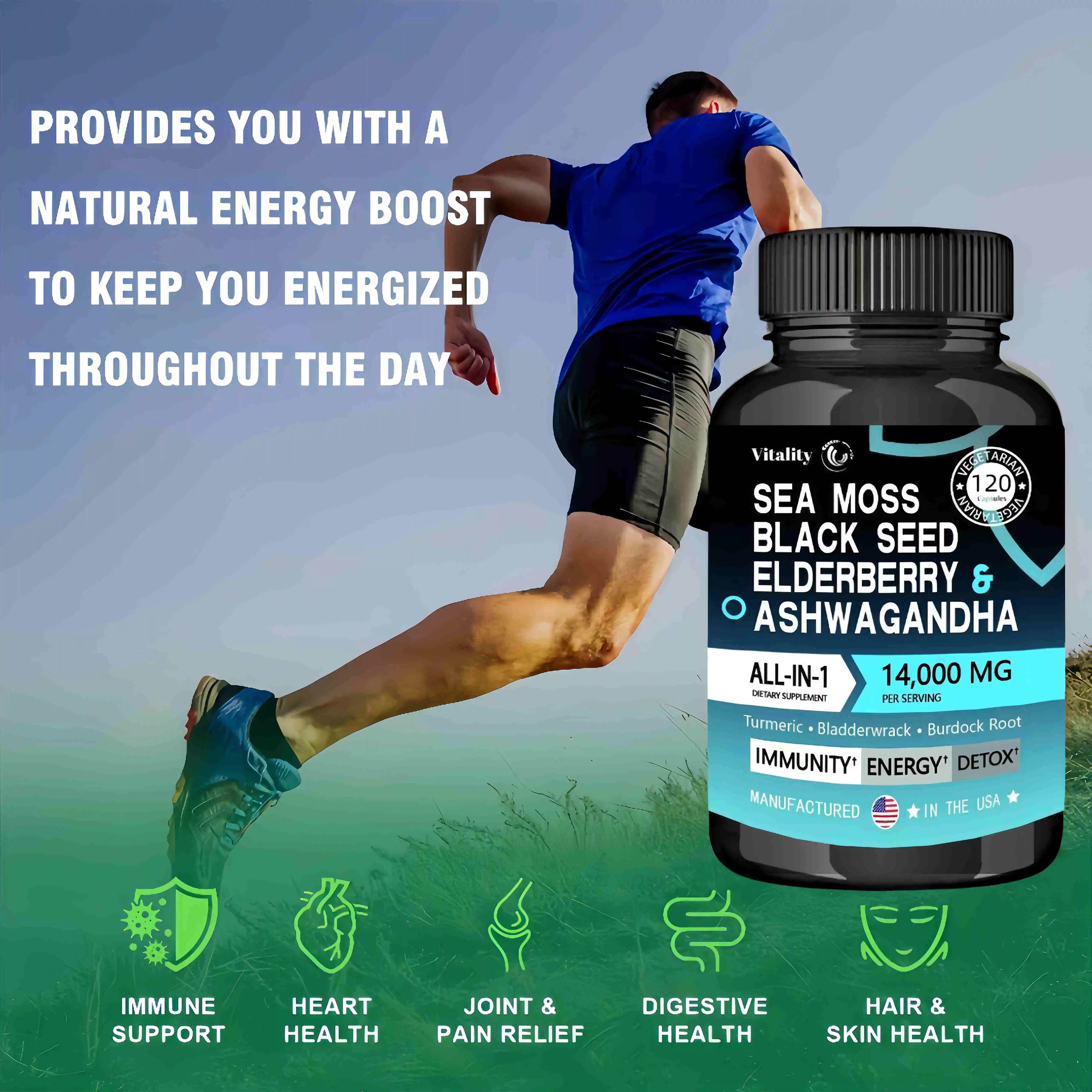 Sea Moss Capsules All-in-One Irish Sea Moss Pills Black Seed Oil Elderberry Ashwagandha Powder,SeaMoss Multi-Mineral 14,000mg