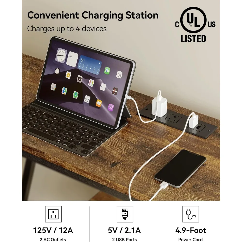 طاولة كونسول ذات 4 طبقات على الطراز الصناعي مع منافذ طاقة وتخزين للمدخل الضيق والأرائك الخلفية