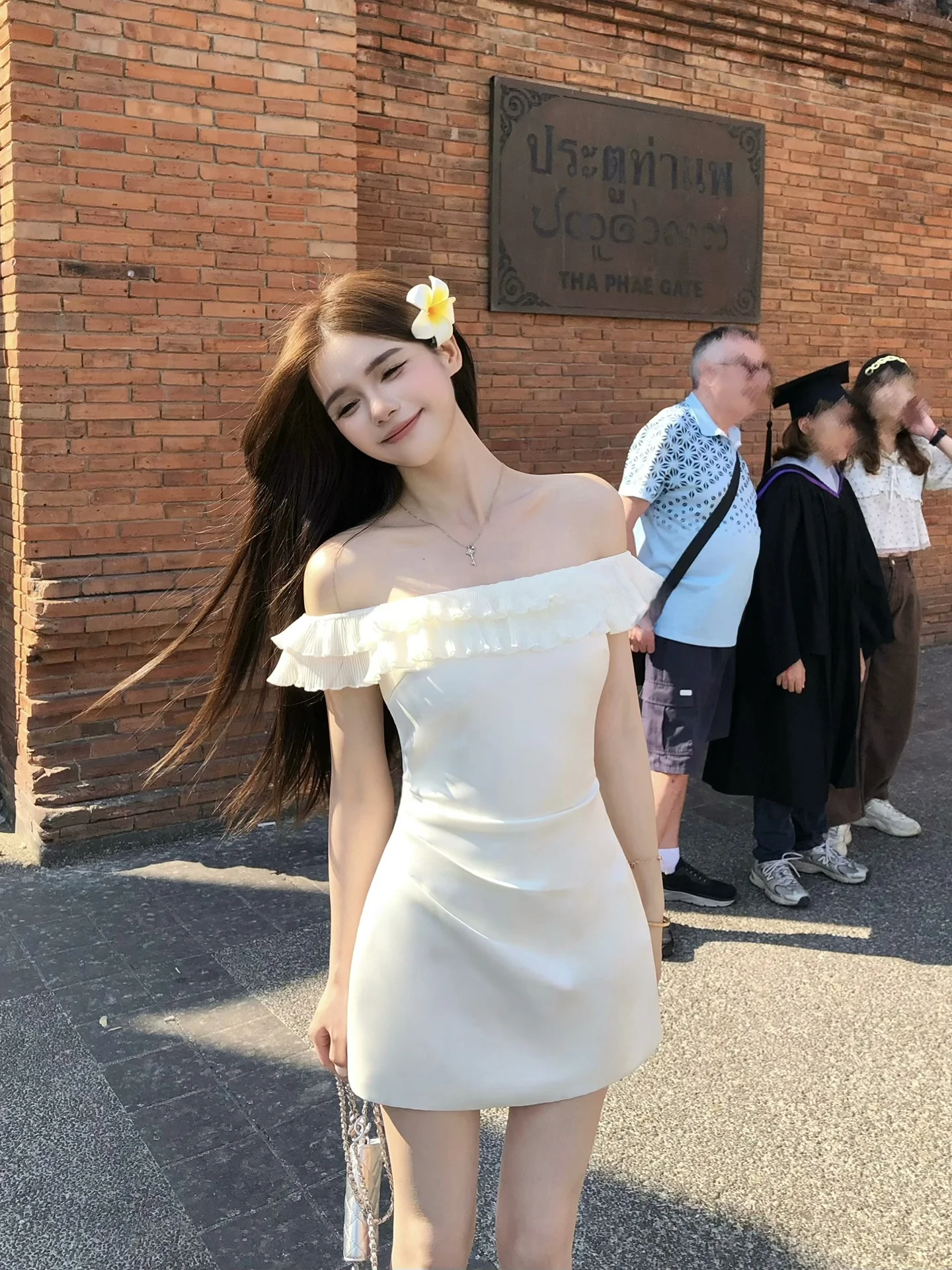 

WAHJU Early Spring Double Layer Ruffle Neckline Slimming One Shoulder Dress Women's Commute Style High Waist A-Line Skirt