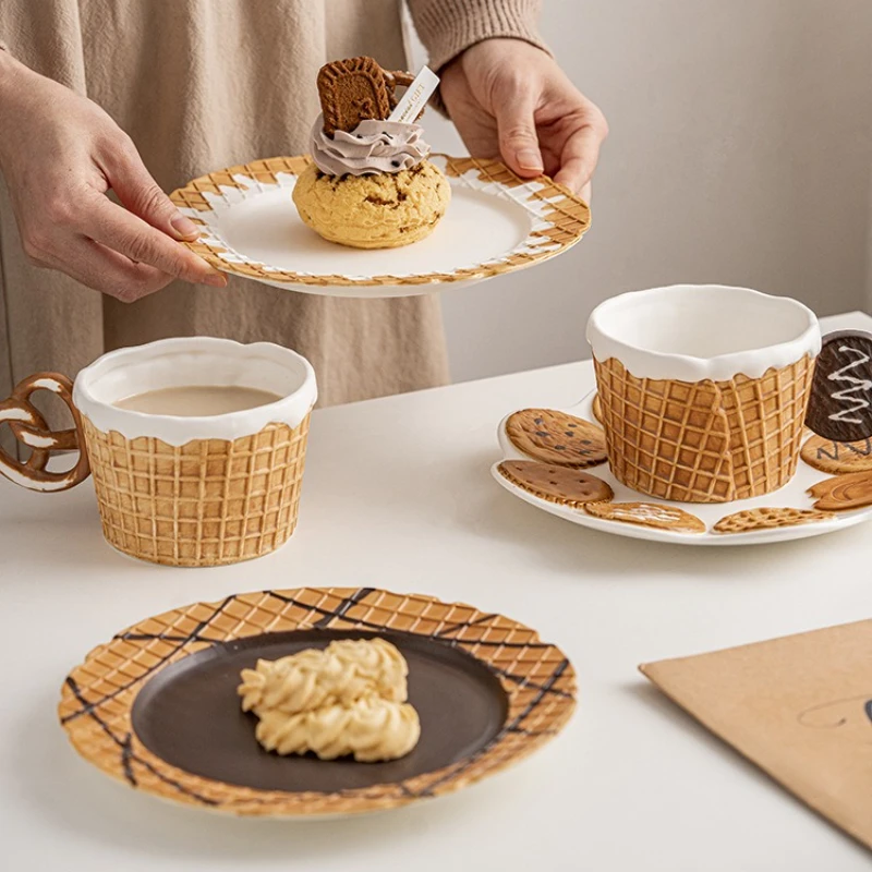 

Creative Biscuit Handle Ceramic Cup Biscuit Plate Creative Beverage Breakfast Milk Coffee Cup Beverage Cup