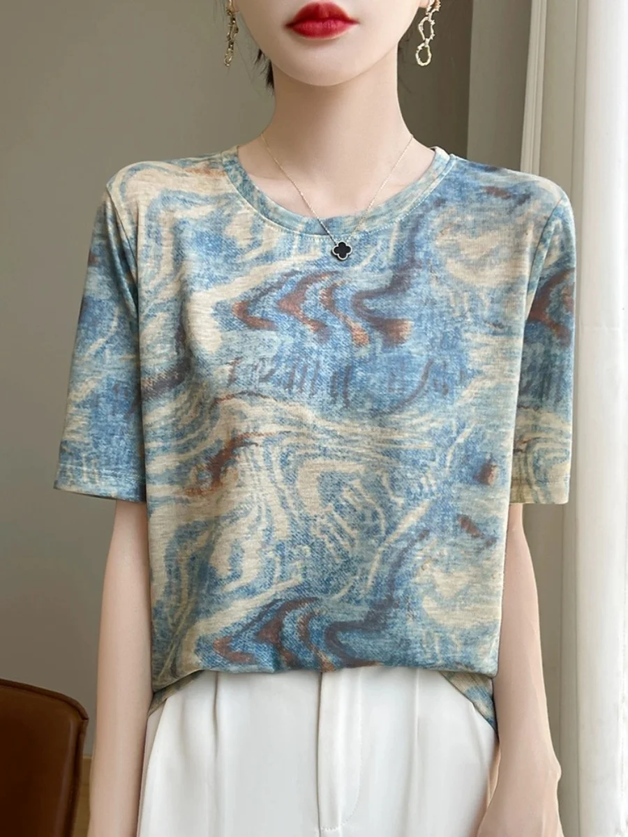 صيف جديد Faion طباعة جولة Ne ort Sve المرأة ليوسيل الحرير محبوك irt تصميم فريد من نوعه الإحساس أناقة