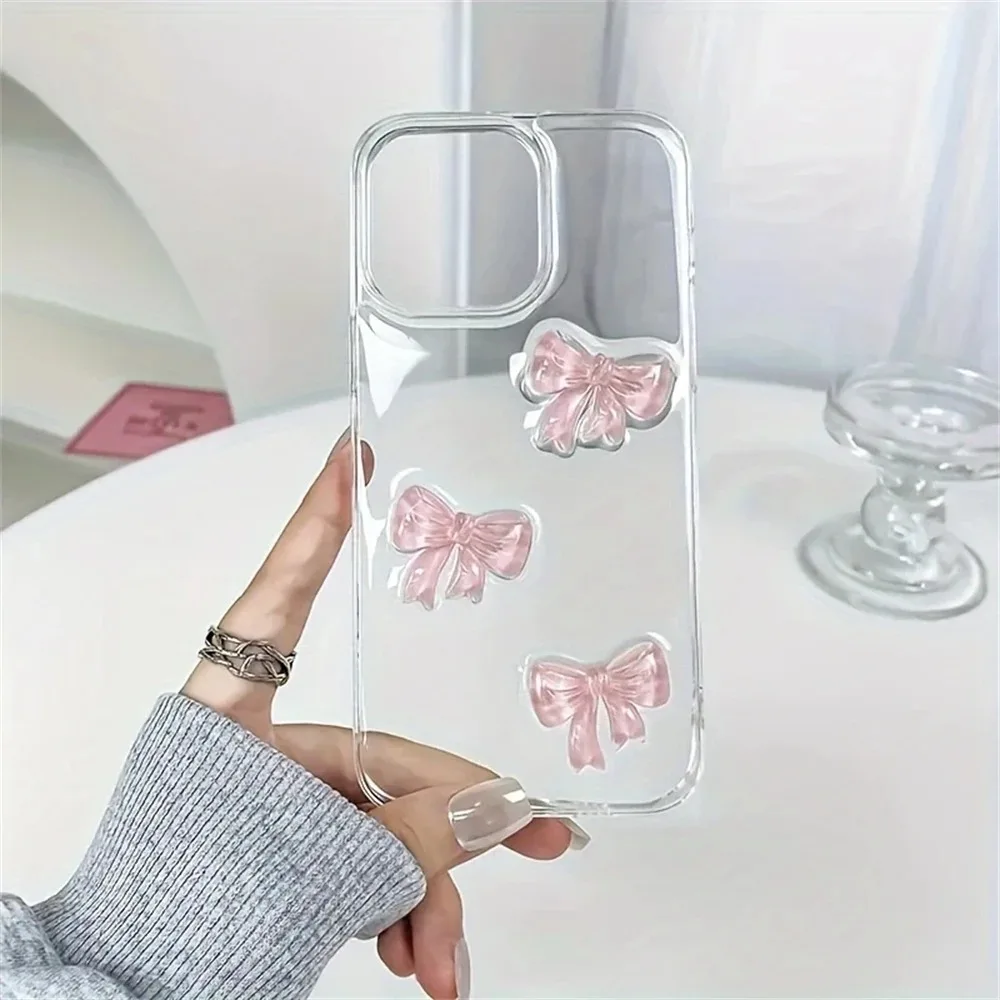 Cute 3D Pink Bowknot Phone Case For iPhone 16 Pro Max 15 14 13 12 11 Pro 7 8 Plus X XS XR SE2 Epoxy Shell Girl Clear Soft Cover