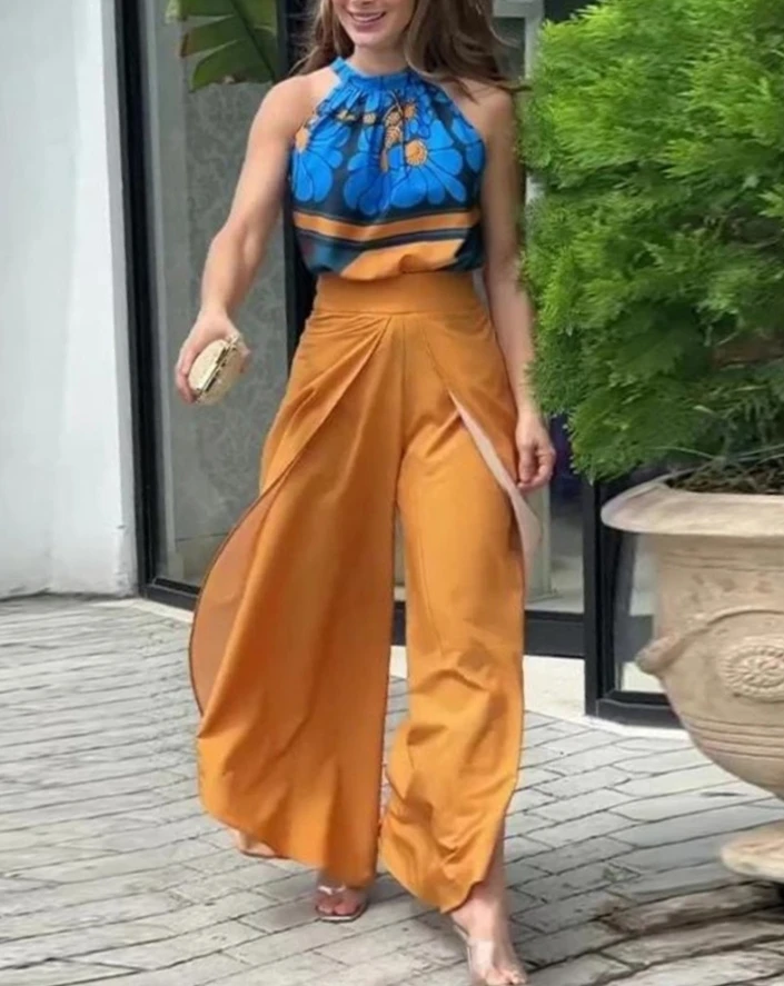 Women's Summer Casual and Fashionable Short Cut Off Shoulder Printed Top and Loose Overlapping Wide Leg Pants Set
