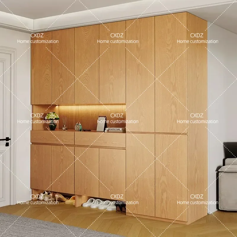 ENF Grade Solid Wood Oak Shoe Cabinet Household Door Storage Integrated Against Wall Large Capacity Entryway Organizer