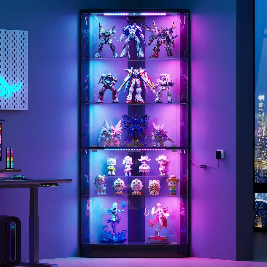 5-Tier Corner Display Cabinet for retail use, made of tempered glass and metal, black finish, with adjustable RGB lighting and