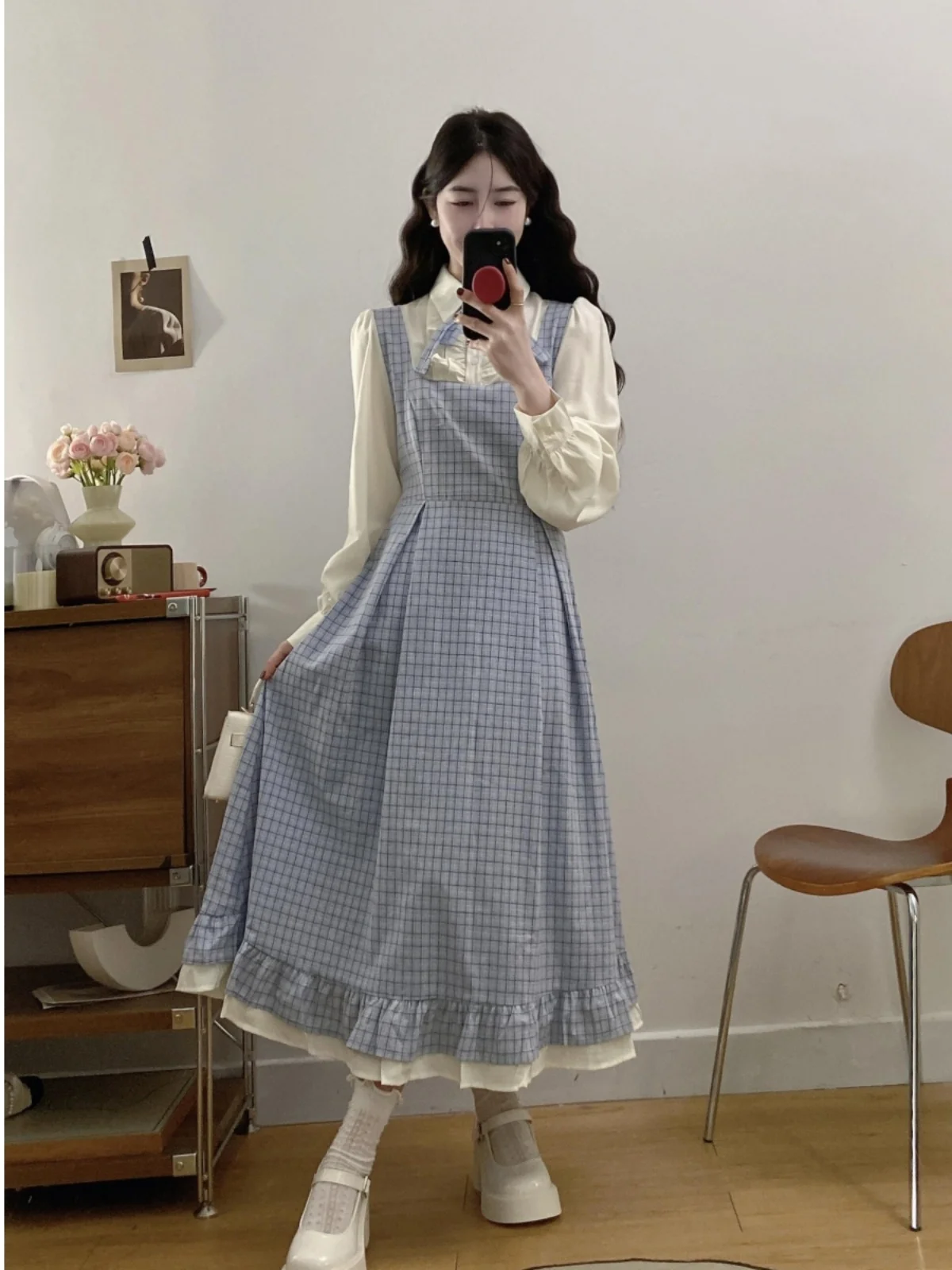 

plus Size Polka Dot A-Line Dr Women's Spring New Waist-Cinching Ele Plaid Dr Korean Sle Commute Wind Long Sve