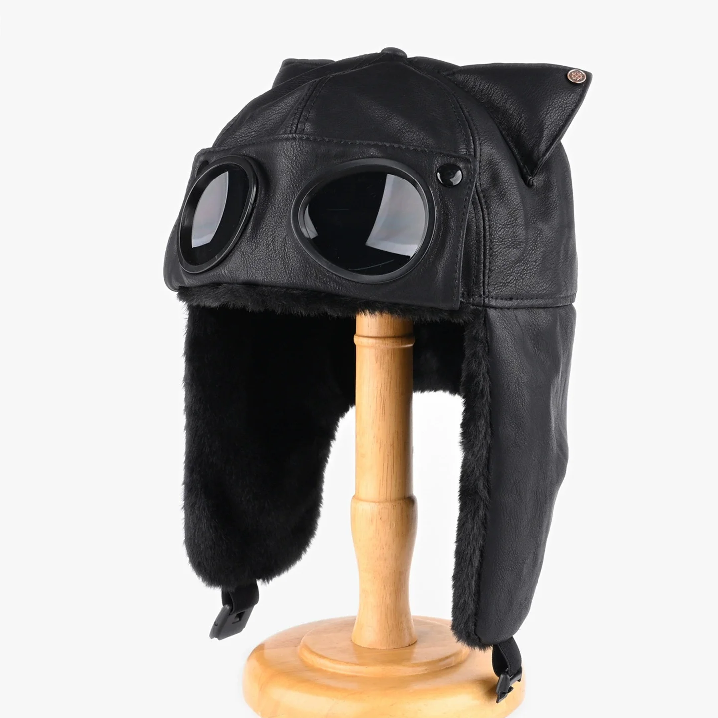 Retro Cat-Ear Leather Aviator Hat for Men and Women—Warm Winter Ear-Covering Hat for Outdoor Cycling, “Devil Lei Feng” Style