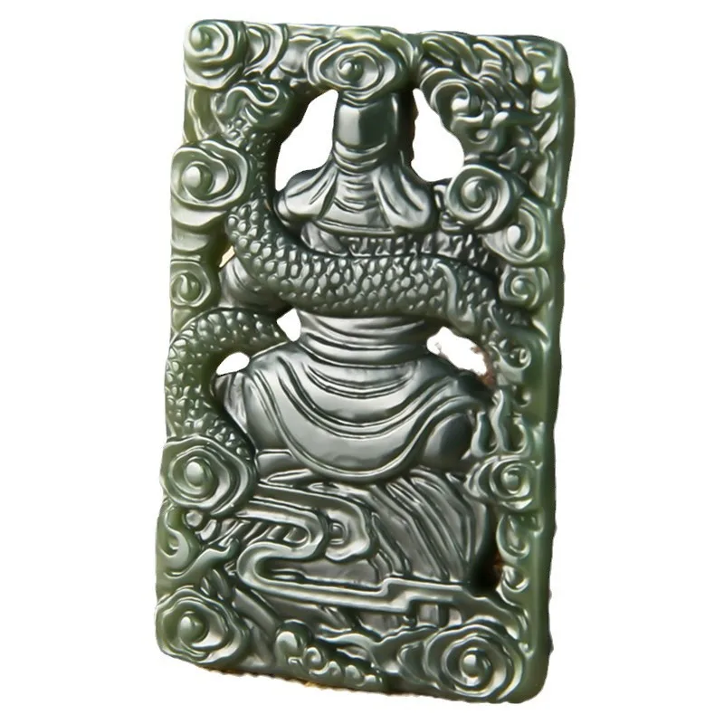 Natural Hotan Green Double-Sided Hollowed-Out Guan Gong Jade Pendant